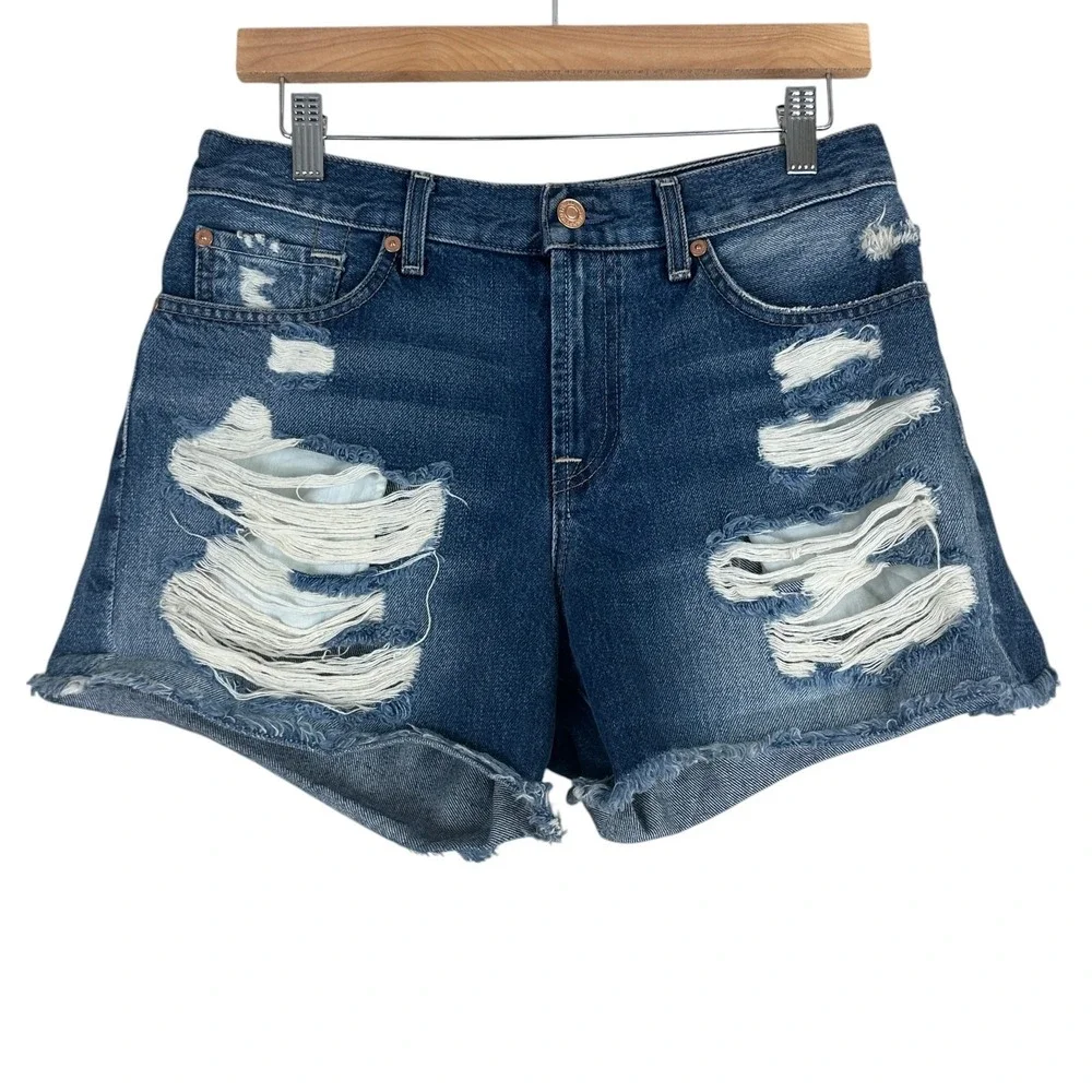 7 For All Mankind Distressed Shredded Denim Shorts Blue Raw Hem AU5170712A Sz 29